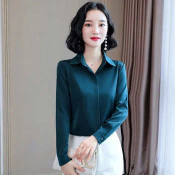 Корейската мода копринени дамски блузи сатен с дълъг ръкав, ризи и блузи, офис Дама Blusas Largas плюс размера на есен дамски блузи