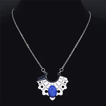 Неръждаема стомана естествен камък чешки колие синьо сребрист цвят огърлица верига дамски бижута collares de acero inoxida NXS04
