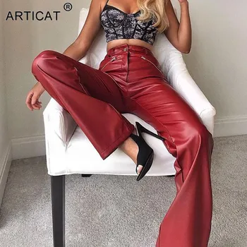 Articat твърди дамски панталони от изкуствена кожа с висока талия разтеглив директни дамски зимни секси улични ежедневни дълги панталони жени