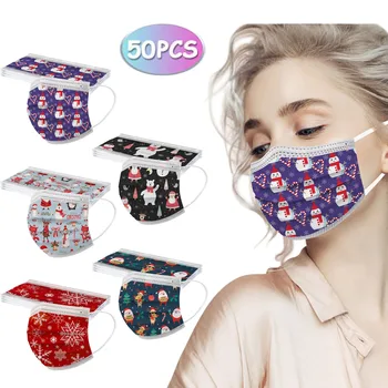 50шт Mix-color Adult' ' s Face Mask Коледа Pattern еднократна маска за лицето, защитни 3-слойна маска за устата открит прахоустойчив дишаща