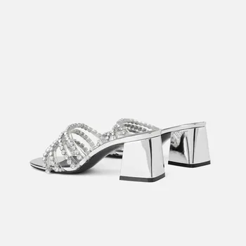 SOUTHLAND летни нови обувки на висок ток, сребърни диамантени верига блок петата сандали