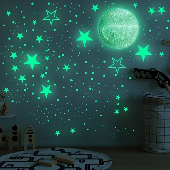 Zollor САМ Luminous Moon Stars Dots Wall Sticker флуоресценцията самозалепващи украса на детска стая Light up Night Wall Stickers