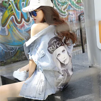 Лятна дамско яке корейски характер печат дамско яке без ръкави ежедневни Свободна дамско яке кратък деним яке за жени
