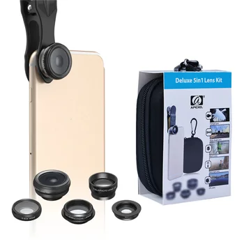 Apexel 5 in 1 HD Phone Camera Lens Kit Универсална скоба Fisheye широка макро камера за iPhone смартфон Samsung