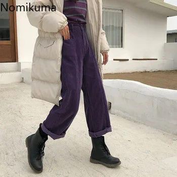 Nomikuma реколта вельветовые лилави панталони жени плътен цвят с висока талия ежедневни Панталони на мода директни панталони Mujer 3c691