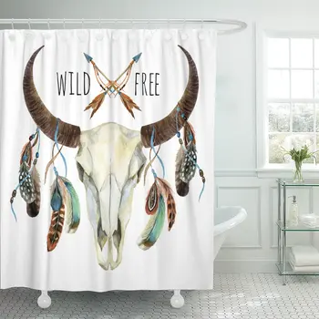 Кравешки череп, пера от животни див бивол и безплатен акварел душ завеса полиестер 72 x 78 см комплект с куки
