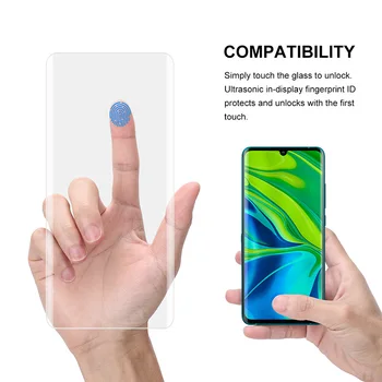 Протектор на екрана е закалено стъкло за XiaoMi Note 10 с пръстов отпечатък отключване на UV стъкло филм пълно покритие за MI Note 10