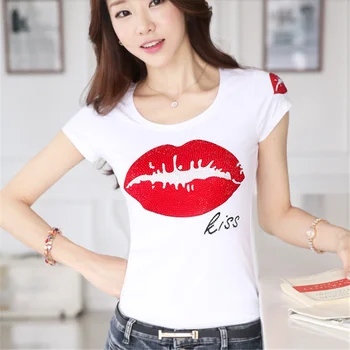 Тениска женски планински кристал, червени устни с къси ръкави 2021 нови летни блузи, Женски, диамантени тениски Femme бели тениски Camisetas Mujer
