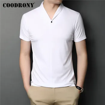 COODRONY Градинска мода яка тениска мъжете пролет лято къс ръкав тениска чист цвят върховете памук тениска Homme C5041S