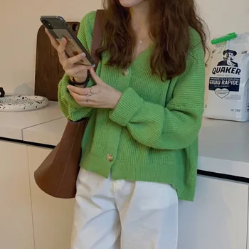PEONFLY 2020 корейски жени пуловер однобортный женски вязаный жилетка ежедневни корейски свободни пуловери есен-зима върховете