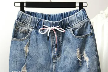 Лятото плюс размер еластичен колан разкъсно дупка 910 дължина Капри дънкови панталони, дънки за жени L XL 2XL 3XL 4XL