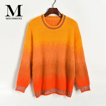 Micosoni 2019 зима Нов Златен кръг-образно деколте, свободно наемане мързелив наклон цветни дебели плетени дамски пуловер Topshop оранжев, син