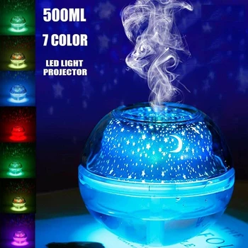 500 мл Преносим USB цветни led нощна светлина на проектора овлажнител домакински ултразвукова мъгла маслен пречистване на дифузор за кола у дома