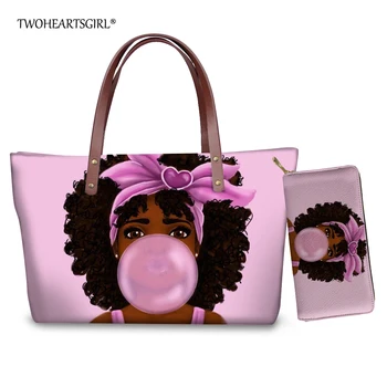 Twoheartsgirl черна афро-американската момиче Дамски чанти неопрен чанта чанта за колеж Дама голям афро чанта розов