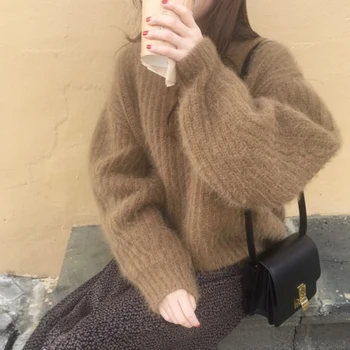 Пуловери Мода пуловер жени 2020 есен мек памук свободни О-образно деколте вязаный горещ прилив на дебела зима корейски ежедневни просто шик върховете