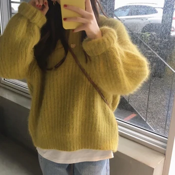 Пуловери Мода пуловер жени 2020 есен мек памук свободни О-образно деколте вязаный горещ прилив на дебела зима корейски ежедневни просто шик върховете