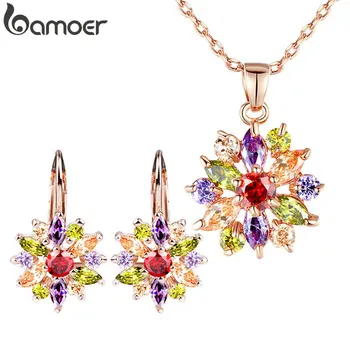 BAMOER Luxury Gold Color Flower Bridal Jewelry Sets & More For Women Wedding with Colorful Cubic Circon Engagement Jewelry