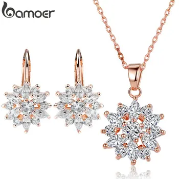 BAMOER Luxury Gold Color Flower Bridal Jewelry Sets & More For Women Wedding with Colorful Cubic Circon Engagement Jewelry