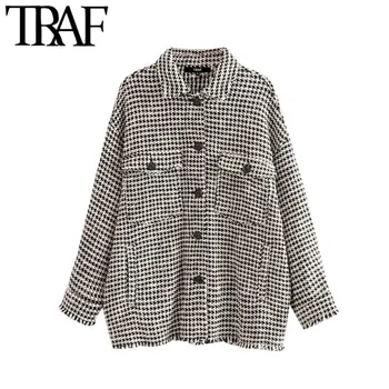 ТРАФИКА на Women Vintage Stylish Frayed Tassel oversize Tweed Plaid Яке мода палта с дълъг ръкав джобове връхни дрехи и шикозни блузи