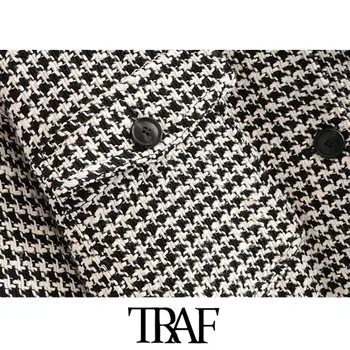 ТРАФИКА на Women Vintage Stylish Frayed Tassel oversize Tweed Plaid Яке мода палта с дълъг ръкав джобове връхни дрехи и шикозни блузи