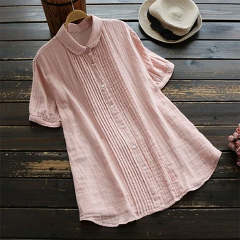 2019 лято ZANZEA мода Плиссированная однотонная блуза дамски ежедневни лацканы с къс ръкав елегантен работен офис памук бельо свободни ризи