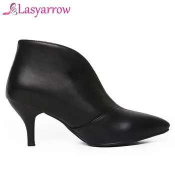 Lasyarrow жени езда ботильоны черно бяла пролет есен остър чорап мода приплъзване на обувки ежедневни дамски обувки на високи токчета