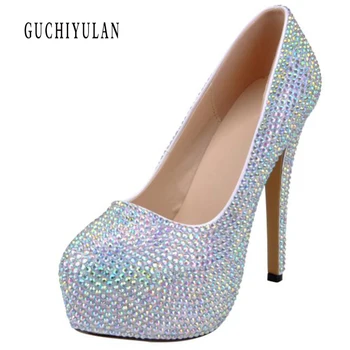 Новата платформа на високи токчета сватбен планински кристал, родословни сватбени обувки приятелка на булката Crystal вафля бяла светкавица Diamond дамски обувки