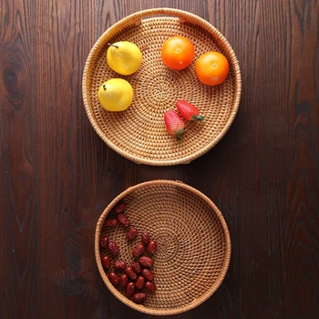 Ротанговый тава за съхранение на закуски, кръгла кошница ръчно изработени декор хляб, плодове, храна дисплей R9JC