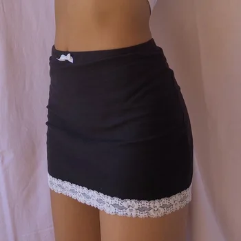 Завързана подгъва на полата женска пола тънък чрез шнурове мини-рокля с висока талия къса пола черен ниска талия E момиче козметична мини-тенис пола