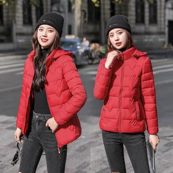 новата Есен-Зима пуховик хляб памучни дрехи жени корейски плюс размера на тънък плътен цвят палто с качулка, дебела Дивата ватная яке дамски