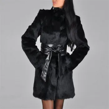 Есента и зимата черно 3XL якета Lmitation палто палто Градинска мода ежедневна топла изкуствена кожа с вода дупки дълъг колан пу