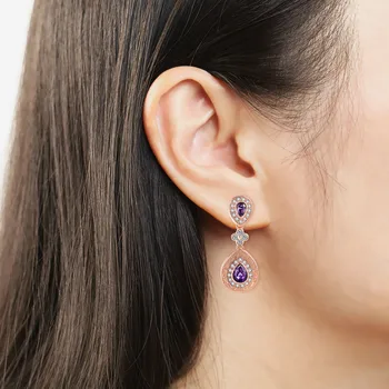Vintage Refinement Hollow out Purple Сълза Crystal Rose Gold Color Drop Earring For Women Wedding Party Jewelry E453 E450