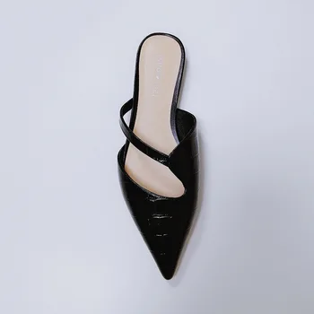 Дамски външни чехли възрастни модерни чехли европейски и американски остри плоски долните плитки устата каре летни чехли