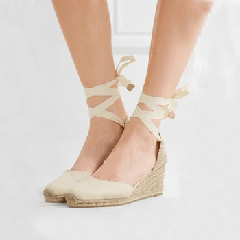 Teahoo жени espadrilles Клин сандали каишка на глезена лято платно платформа клинове мода стягам дамски сандали на платформа