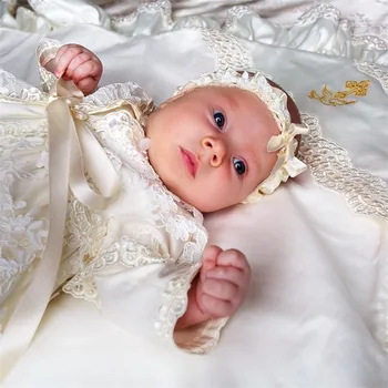 Момиче на Кръщението на рокли с дълъг ръкав, дълги до пода дантела детски Кръщение рокли, с шапки