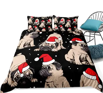 Коледен Мопс пухени набор от сладък модел на кучето комплект постелки 3-те части за деца комплект постелки черен домашен текстил за момче момичета