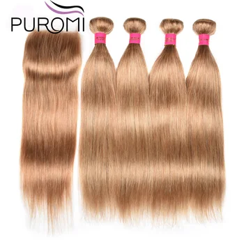 Puromi Human Hair Връзки With Closure #27 Honey Blonde Hair Straight Връзки With Closure Indian Hair Non-реми Hair Weave