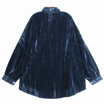 [ИАЛ] женствена асиметрична набръчкана кадифе блуза нов квадратен яка с дълъг ръкав свободно cut риза мода пролет есен 2021 1DD3255