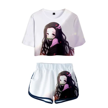 Ghost Blade Hot 3D Открити Navel тениски+шорти двухсекционные комплекти за печат Demon Slayer жени/момичета мода лято двухсекционные комплекти