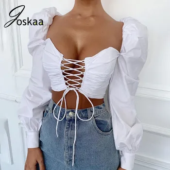 Joskaa есен твърди рамо с регулируема чрез шнурове каишка crop top секси облегалка памук фенер ръкав, еластична превръзка дамски блузи