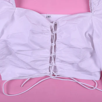 Joskaa есен твърди рамо с регулируема чрез шнурове каишка crop top секси облегалка памук фенер ръкав, еластична превръзка дамски блузи