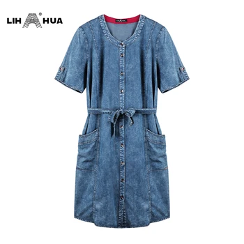 LIH ХУА Women ' S Plus Size Denim Dress Summer Slim Fit Облекло Casual Dress плат деним с къс ръкав-LengtKneeh с коланите