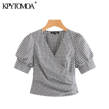 KPYTOMOA Women 2020 Plaid Fashion Wrap съкратен блузи реколта буйни ръкави страничен цип Дамски ризи Blusas шик върховете