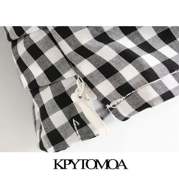 KPYTOMOA Women 2020 Plaid Fashion Wrap съкратен блузи реколта буйни ръкави страничен цип Дамски ризи Blusas шик върховете