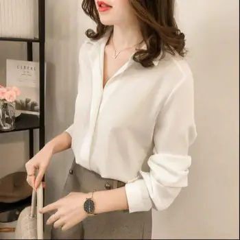 Бели Ризи За Жени Реколта Извънгабаритни Върховете Елегантна Риза Пролет Есен Корея Облекло Casual Плюс Размера На Черна Блуза С Жените