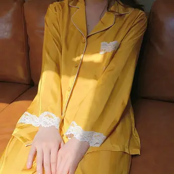 2020 женски пижамные комплекти Коприна сатен пижама с отложным яка пижами дама с дълъг ръкав дантелени пижами Femme 2 броя комплекти дрехи за дома