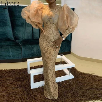 Aso Ebi Vintage Gold Дантела Evening Dresses 2020 New Sheath Floor Length Подпухнали Long Sleeve African Women Вечерна Рокля За Абитуриентски Рокли