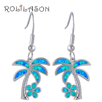 ROLILASON Perfect Sterling Silver Overlay fashion jewelry coconut tree Blue Opal Drop виси обеци за жени OE578