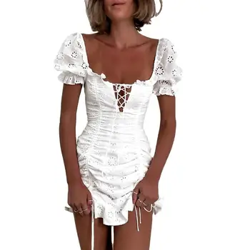 Бяла дантела дамски Cottagecore рокля Boho Beach Holiday мини-рокля нови квадратен врата Drawstring рокля женски Vestidos Cottagecore