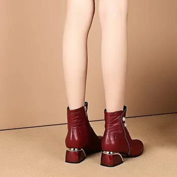 2020 нов зимен женски кратък обувки, зимни обувки с кристали,Остър чорап,квадратен ток,Европейската Дамски обувки за краката,черен,вино-червено